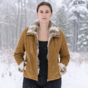 Byte Italy Size 44 US Medium Leather Suede Jacket Rabbit Fur Lining Full Zip